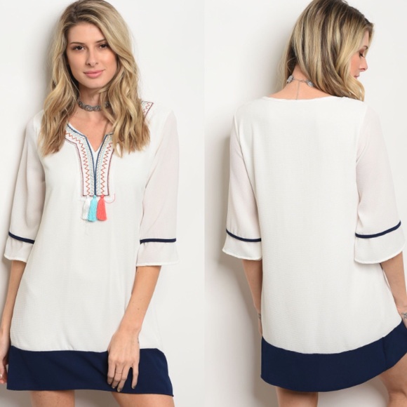 ☀️NEW☀️ White and Navy Dress with Tassel Detail - Picture 1 of 3